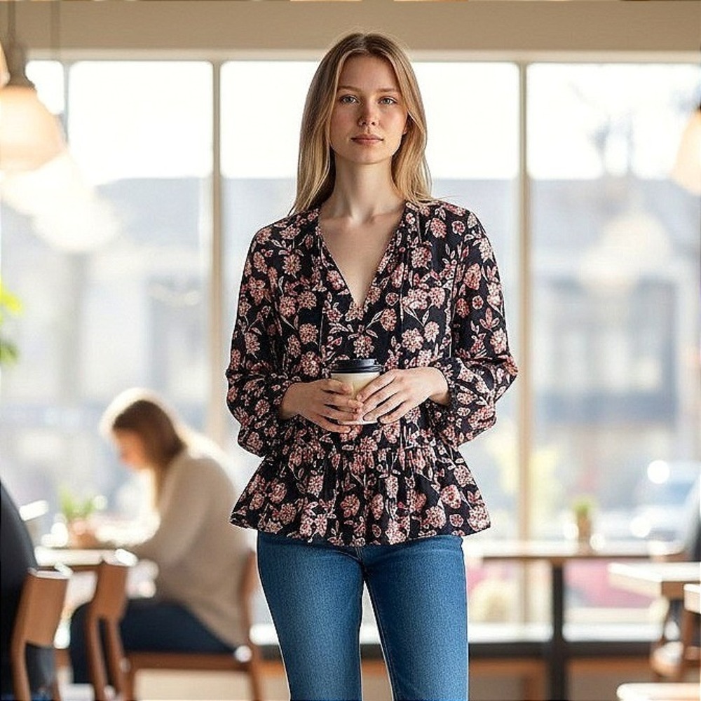 LOFT Navy Floral Peplum Blouse Long Sleeve Tie Neck Top Size M